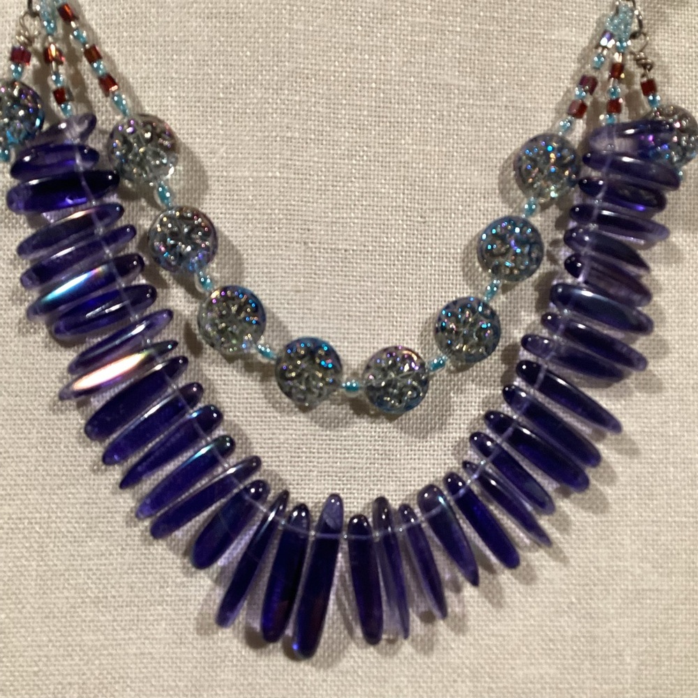 Stunning Glass Boho Blue Purple Statement Necklace